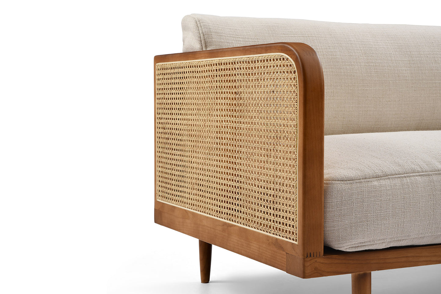 Canapé en Cannage Rotin Naturel, Bois Noyer, assise Lin