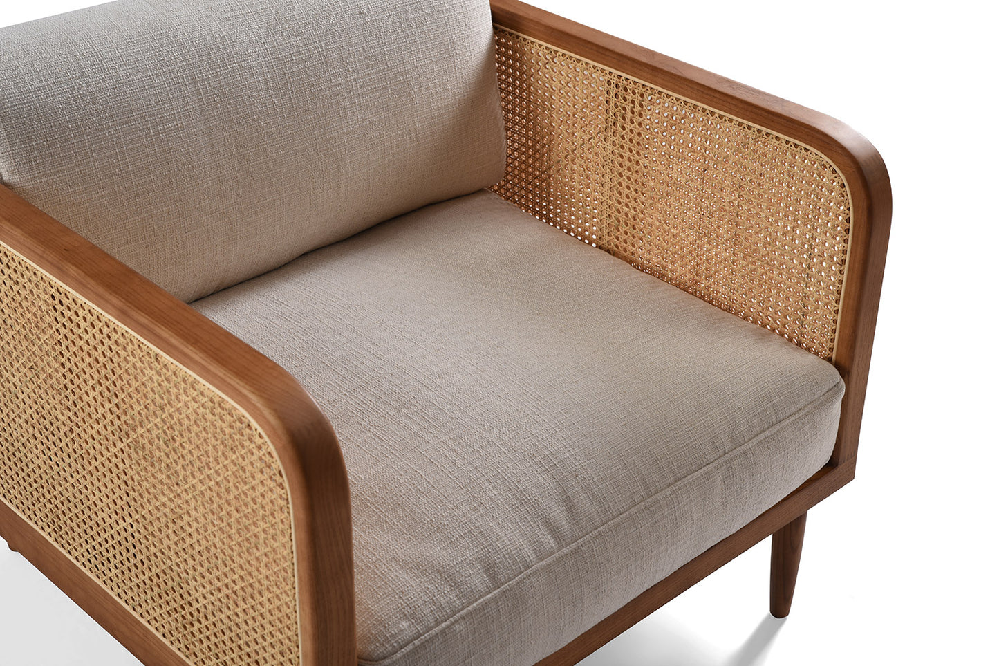 Fauteuil en Cannage Rotin Naturel, Bois Noyer, assise Lin